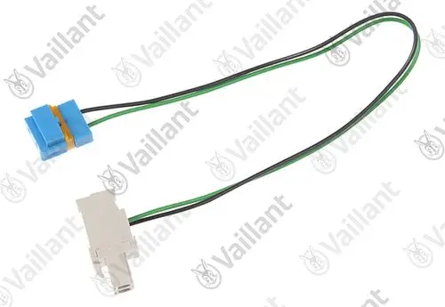 Vaillant E-Buskabel mit zwei Anschlüssen, bestehend aus einem blauen Stecker und einem grauen Stecker, verbunden durch zwei Drähte.
